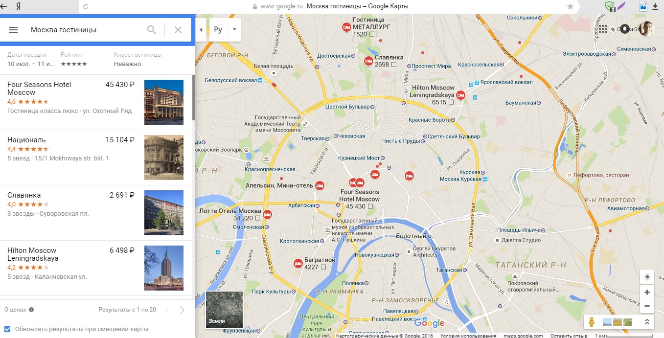 Гостиницы в Google maps